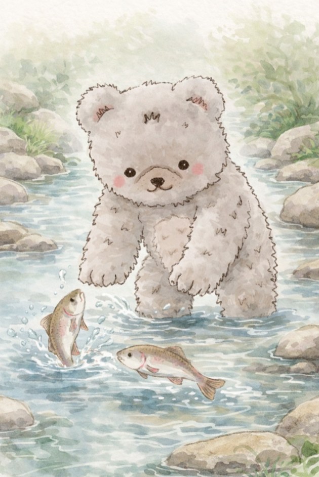 Watercolor illustration of Brian the Bear splashing in a forest river